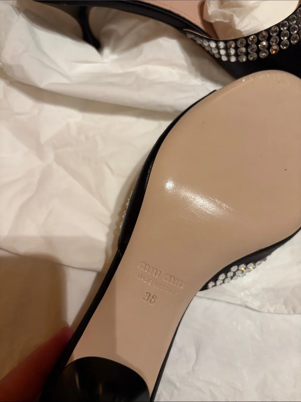 Miu Miu Black Satin Crystal-Embellished Slide Mules - Picture 5 of 6